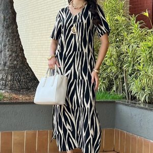 This Women Elegant Printed Short Sleeve v-Neck Slit Dress Design Made Of High Quality Polyster And Spandex Material. It Come With Good Stretch And Wearing Comfortable. Women¡¯s Midi Dresses Is Omnipotent And Suit For All Kinds Of Occasions - Daily Wear