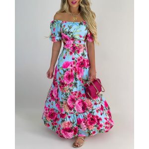 This Women Elegant Rose Off Shoulder Puff Sleeve Maxi Dress Design Made Of High Quality Polyster And Spandex Material. Print Dresses Is More Interesting And Stylish. Print Maxi Dresses Is One Of The Popular Item For Islander Vocations. Women¡¯s Print Dresses At Global Lover Comes With Forever Floral