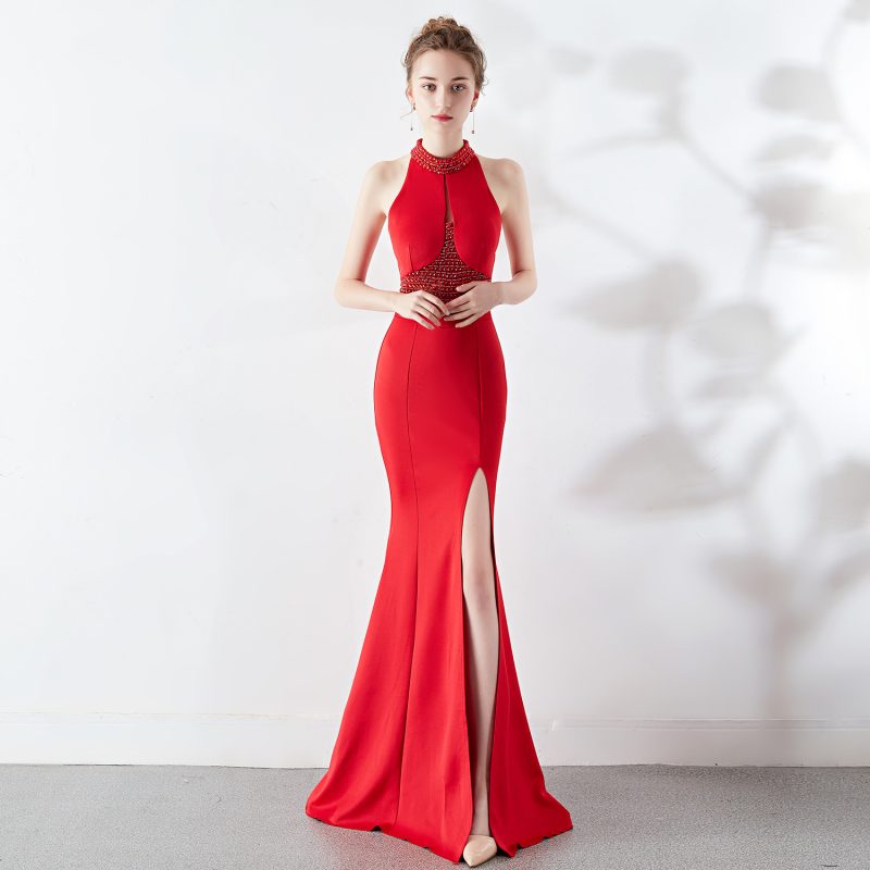 This Women Elegant Sleeveless Fishtail Halter Party Evening Dress Design Made Of Good Quality Polyster And Spandex Material