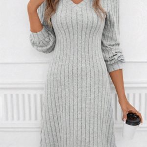 This Women Elegant Solid Long Sleeve v Neck Basic Sweater Dress Combine The Warm And Fashion. It Is a Must-Have Item For This Winter. Sweater Dresses For Women At Global Lover Comes For Different Occasions - Daily Life