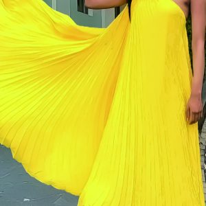 This Women Elegant Solid Pleated Sleeveless Slash Shoulder Dress Design Made Of High Quality Polyster And Spandex Material. It Is Stretchy