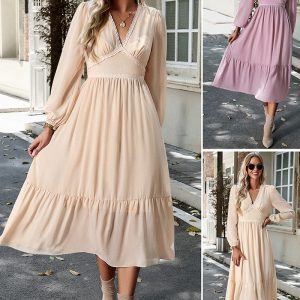 This Women Elegant Solid v-Neck Long Sleeve Dress Design Made Of High Quality Polyster And Spandex Material. It Is Stretchy