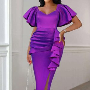 This Women Elegant Square Neck Ruffle Dress Design Made Of Good Quality Polyster And Spandex Material