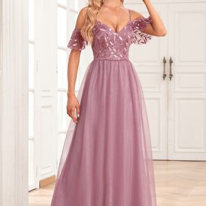 This Women Elegant Strap Off Shoulder Sleeves Double v Neck Tulle Patchwork Embroidery Sequin Party Evening Dress Design Made Of Good Quality Polyster And Spandex Material