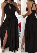 This Women Elegant Strap Sleeveless Slim Waist Slit Dress Design Made Of High Quality Polyster And Spandex Material