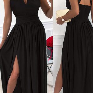 This Women Elegant Strap Sleeveless Slim Waist Slit Dress Design Made Of High Quality Polyster And Spandex Material