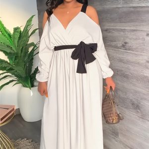 This Women Elegant v Neck Off-Shoulder Long Sleeved Dress Design Made Of High Quality Polyster And Spandex Material