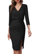 This Women Elegant v-Neck Pleated Bodycon Work Dress Design Made Of High Quality Polyster And Spandex Material. It Come With Good Stretch And Wearing Comfortable. Women¡¯s Midi Dresses Is Omnipotent And Suit For All Kinds Of Occasions - Daily Wear