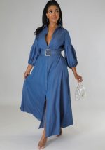 This Women Fall Blue Long Sleeved Denim Shirt Dress Design Made Of High Quality Polyster And Spandex Material