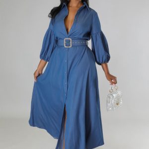 This Women Fall Blue Long Sleeved Denim Shirt Dress Design Made Of High Quality Polyster And Spandex Material