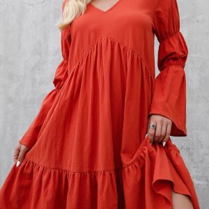 This Women Fall Boho Loose Ruffle Long Sleeve Dress Design Made Of High Quality Polyster And Spandex Material. It Is Stretchy