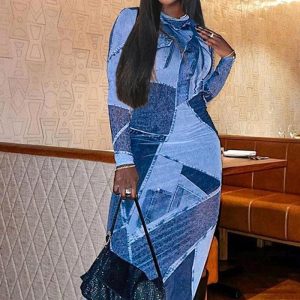 This Women Fall Casual Denim Print Round Neck Long Sleeve Dress Design Made Of High Quality Polyster And Spandex Material. It Is Stretchy