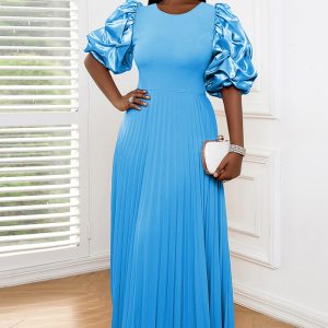 This Women Fall Elegant Round Neck Puff Sleeve Pleated Skirt Design Made Of High Quality Polyster And Spandex Material