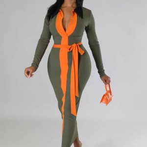 This Women Fall Long Sleeve Contrast Belt Dress Design Made Of High Quality Polyster And Spandex Material