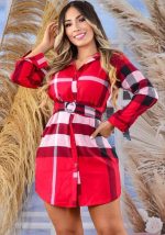 This Women Fall Long Sleeve Plaid Shirt With Belt Design Made Of High Quality Polyster And Spandex Material. It Is Stretchy