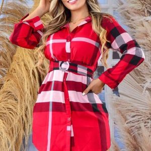 This Women Fall Long Sleeve Plaid Shirt With Belt Design Made Of High Quality Polyster And Spandex Material. It Is Stretchy