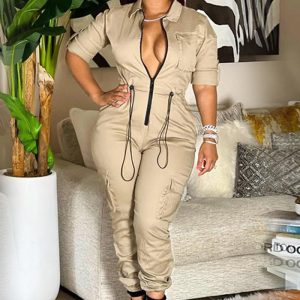 This Women Fall Long Sleeve Zip Cargos Jumpsuit Design Made Of High Quality Polyster And Spandex Material. It Is Stretchy