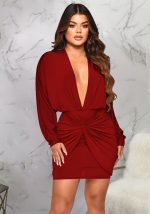 This Women Fall Sexy Deep v Neck Pleated Bodycon Dress Design Made Of High Quality Polyster And Spandex Material. It Is Stretchy