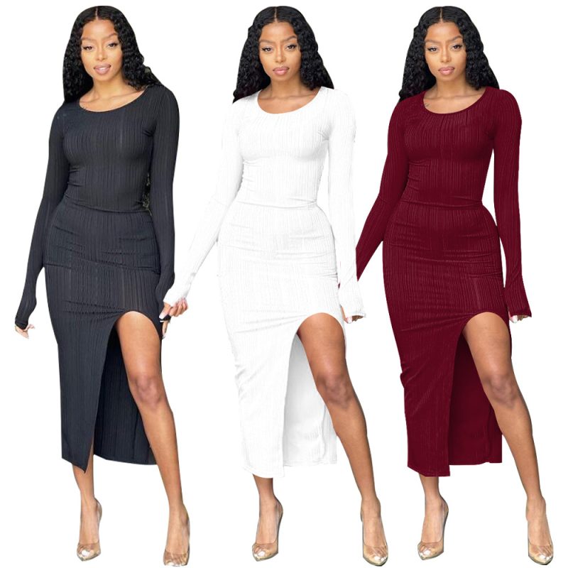 This Women Fall Sexy Long Sleeve Slit Irregular Round Neck Dress Design Made Of High Quality Polyster And Spandex Material. It Come With Good Stretch And Wearing Comfortable. Women¡¯s Midi Dresses Is Omnipotent And Suit For All Kinds Of Occasions - Daily Wear