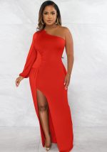 This Women Fall Slash Shoulder Balloon Sleeve Solid Slit Bodycon Dress Design Made Of Good Quality Polyster And Spandex Material