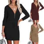 This Women Fall Solid Zip Long Sleeve Hooded Casual Dress Design Made Of High Quality Polyster And Spandex Material. It Is Stretchy