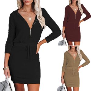 This Women Fall Solid Zip Long Sleeve Hooded Casual Dress Design Made Of High Quality Polyster And Spandex Material. It Is Stretchy