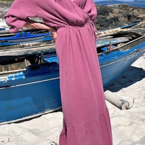 This Women Fall v-Neck Long Sleeve Loose Maxi Dress Design Made Of High Quality Polyster And Spandex Material