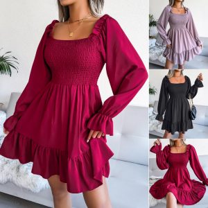 This Women Fall Winter Square Neck Bell Bottom Long Sleeve Ruffle Dress Design Made Of High Quality Polyster And Spandex Material. It Is Stretchy