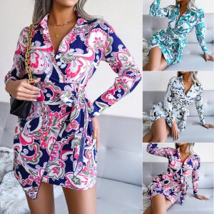 This Women Fall/Winter Long Sleeve Printed Casual Lace-Up Shirt Dress Design Made Of High Quality Polyster And Spandex Material. It Is Stretchy