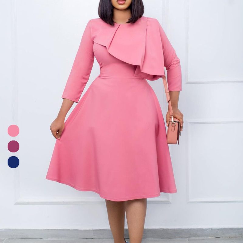 This Women Fall/Winter Round Neck Solid Ruffles Long Sleeve Dress Design Made Of High Quality Polyster And Spandex Material. It Come With Good Stretch And Wearing Comfortable. Women¡¯s Midi Dresses Is Omnipotent And Suit For All Kinds Of Occasions - Daily Wear