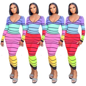 This Women Fall/Winter Striped Print v-Neck Long Sleeve Dress Design Made Of High Quality Polyster And Spandex Material