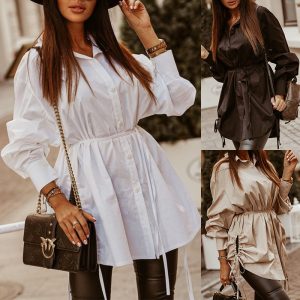 This Women Fashion Casual Long Lseeve Midlength Shirt Dress Design Made Of High Quality Polyster And Spandex Material. It Is Stretchy