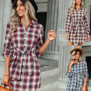 This Women Fashion Plaid Lace-Up Shirt Dress Design Made Of High Quality Polyster And Spandex Material. It Is Stretchy