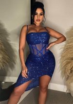 This Women Fashion Sexy Mesh Patchwork Strapless Irregular Tight Fitting Bodycon Dress Design Made Of High Quality Polyster And Spandex Material