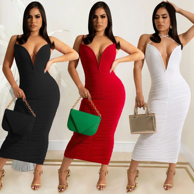 This Women Fashion Sexy Straps v-Neck Solid Slit Dress Design Made Of High Quality Polyster And Spandex Material