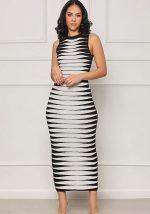 This Women Fashion Sleeveless Striped Bodycon Dress Design Made Of High Quality Polyster And Spandex Material. It Is Stretchy