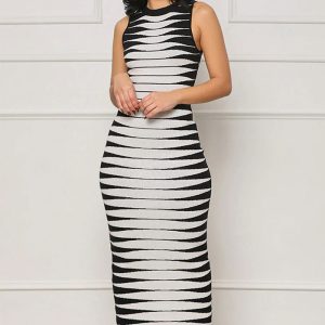 This Women Fashion Sleeveless Striped Bodycon Dress Design Made Of High Quality Polyster And Spandex Material. It Is Stretchy