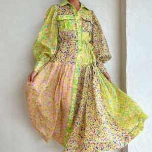 This Women Floral Colorblock Balloon Sleeve Long Dress Design Made Of High Quality Polyster And Spandex Material. It Is Stretchy