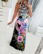 This Women Floral Print Cutout Halter Neck Sleeveless Dress Beltless Design Made Of High Quality Polyster And Spandex Material