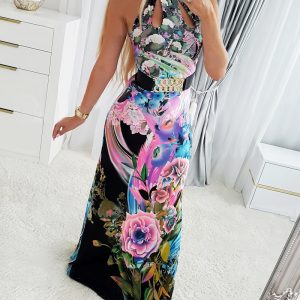 This Women Floral Print Cutout Halter Neck Sleeveless Dress Beltless Design Made Of High Quality Polyster And Spandex Material