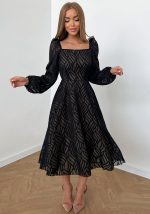 This Women French Hollow Jacquard Square Neck Balloon Sleeve Dress Design Made Of High Quality Polyster And Spandex Material