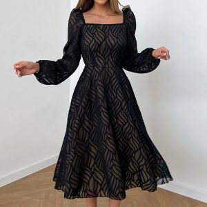 This Women French Hollow Jacquard Square Neck Balloon Sleeve Dress Design Made Of High Quality Polyster And Spandex Material