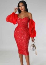 This Women French Long Sleeve Sequin Off Shoulder Bodycon Dress Design Made Of High Quality Polyster And Spandex Material