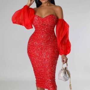 This Women French Long Sleeve Sequin Off Shoulder Bodycon Dress Design Made Of High Quality Polyster And Spandex Material