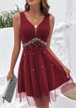 This Women French Sleeveless Beaded Dress Design Made Of High Quality Polyster And Spandex Material. It Is Stretchy