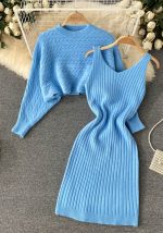 This Women French Sexy Bodycon Strap Dress +And Loose Knitting Sweater Two-Piece Set Combine The Warm And Fashion. It Is a Must-Have Item For This Winter. Sweater Dresses For Women At Global Lover Comes For Different Occasions - Daily Life