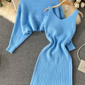 This Women French Sexy Bodycon Strap Dress +And Loose Knitting Sweater Two-Piece Set Combine The Warm And Fashion. It Is a Must-Have Item For This Winter. Sweater Dresses For Women At Global Lover Comes For Different Occasions - Daily Life