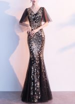 This Women Gold Ladies Long Sequins Evening Dress Banquet Mermaid Dress Design Made Of Good Quality Polyster And Spandex Material