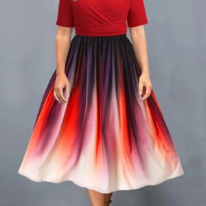 This Women Gradient Print Short Sleeve v-Neck Dress Design Made Of High Quality Polyster And Spandex Material. It Is Stretchy