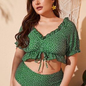 This Women Green Bikini V-Neck Floral Print Ruffles Plus Size Swimwear is made of good quality lycra and spandex fabric